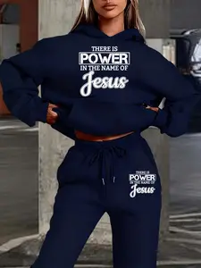 Women's Jesus Letter Print Hoodie Sweatshirt Set, Fall & Winter Fitted Regular Length Sweatsuit, Comfortable Daily Wear