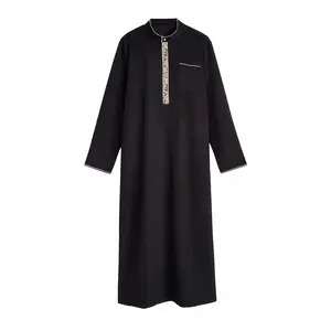1pc Men'S Casual Long Sleeve Solid Color Stand Collar Thobe - 100% Polyester Non-Stretch Woven Fabric, Loose Fit for All Seasons, Eid al-Fitr & Eid al-Adha Traditional Arab Robe