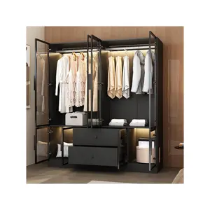 FUFU&GAGA  Glass Wardrobe Closet With Lights And 2 Drawers, Armoires And Wardrobes With Glass Doors And Shelves, Armoire Wardrobe Closet With Hanging Rod, Armoire Closet For Bedroom Black Furniture Storage