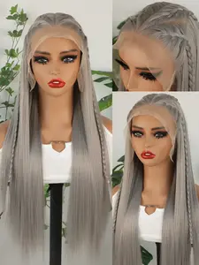 Light Grey Hair Women's 13x6 Lace Front Wig Long Straight Synthetic Hair Soft Heat Resistant Fiber Natural Parting Daily Halloween Cosplay Use 28 Inch, Synthetic Material Wigs