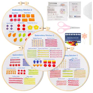 4Pcs Embroidery Kit for Beginners - 4 Stages Stitches Practice with Patterns and Instructions,Diy Craft Lovers Gift,Including Embroidery Hoops,Scissors,Colored Threads, Needles