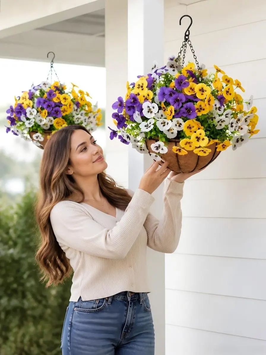 2PCS Artificial Hanging Baskets Realistic Pansy Flower No Maintenance Fake Hanging Plant for Apartment Balcony Garden Decor Easy Install UV resistant waterproof outdoor Full Bloom Holiday Decor No Maintenance with Metal Chain Natural Coconut Liner Basket