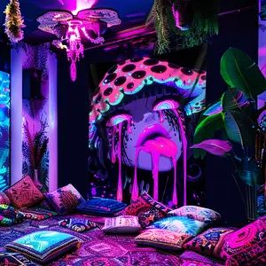 1pc Mushroom Girl Fluorescent TapestryLarge-Size UV BlackLight Wall Hanging Tapestry – Perfect for Party, Festival & Home Decor – Ideal for Living Room, Dormitory Wall Decoration – Includes Free Installation Accessories.