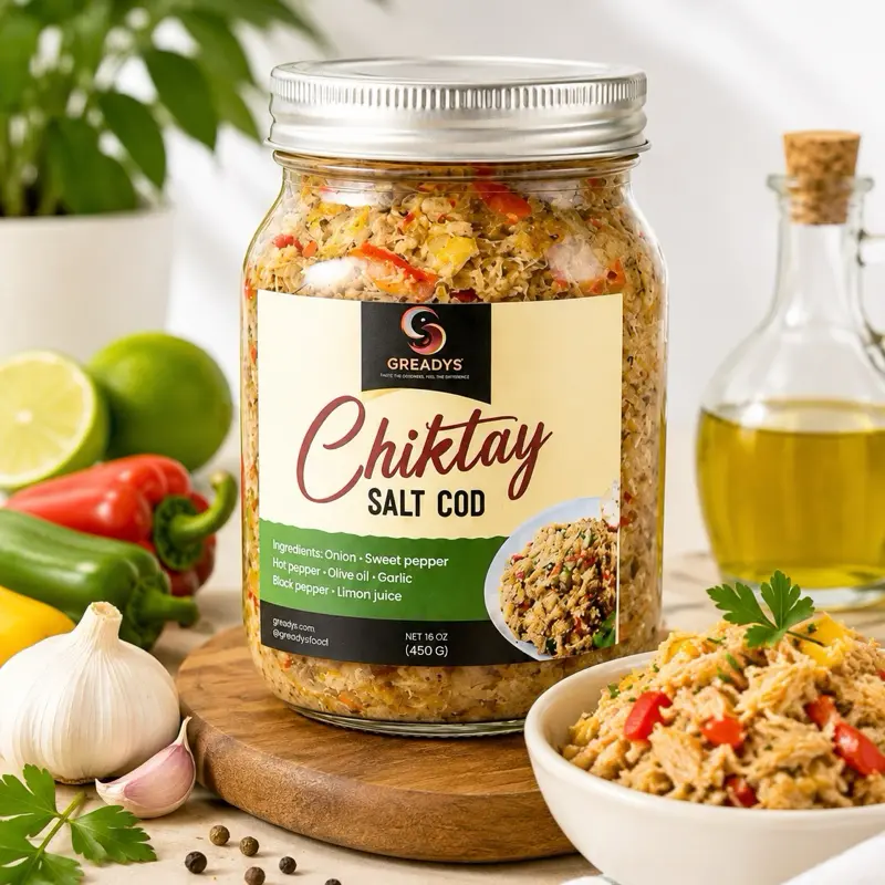 Gready's Chiktay Salt Cod - Onions, Sweet Pepper, hot pepper,Olive Oil, Garlic, Black Pepper, Lemon Juice