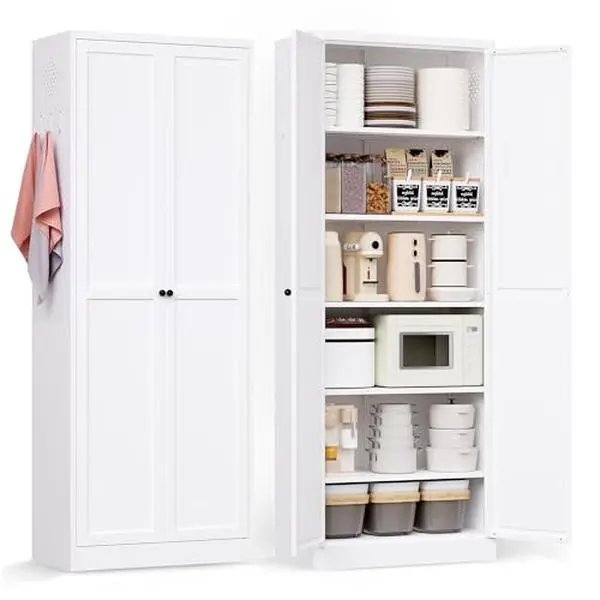 Kitchen Pantry Cabinet,61" Black Pantry Storage Cabinet with 4 Tier Adjustable Shelves and 2 Doors,Freestanding Cupboard,Metal Pantry Cabinets with Handle for Living Room Kitchen Assembly Required