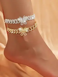 Butterfly & Tennis Theme Women's Anklet – Delicate Diamond-Style Anklet – 14K Gold-Plated Handcrafted Jewelry – Wedding or Beach Anklet Gift, Foot Chain Jewelry | Chunky Chain Style | Sandal Accessory