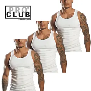 PROCLUB Men's A-Shirts Cotton Ribbed Underwear Tank Top 3 Pack Casual Menswear Hem Vests Wetsuit Beige