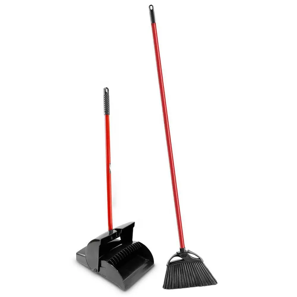 Indoor-Outdoor Smooth Angle Broom and Closed-Lid Lobby Dustpan Combo Set - Lightweight Sturdy Plastic Long Handle Broom, Efficient Home Care Supplies for Sweeping, Long Handle Brooms