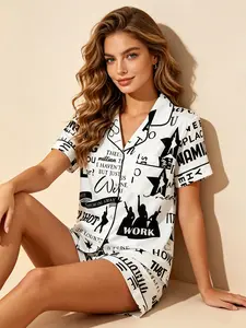 Women's Button Down Short Sleeve Top and Shorts Pajama Set, Spring & Summer Wearable, White Black Stage Silhouette Star Slogan Print with Black Trim, Retro Poster Style, Loose Fit, For Home Relax & Gatherings