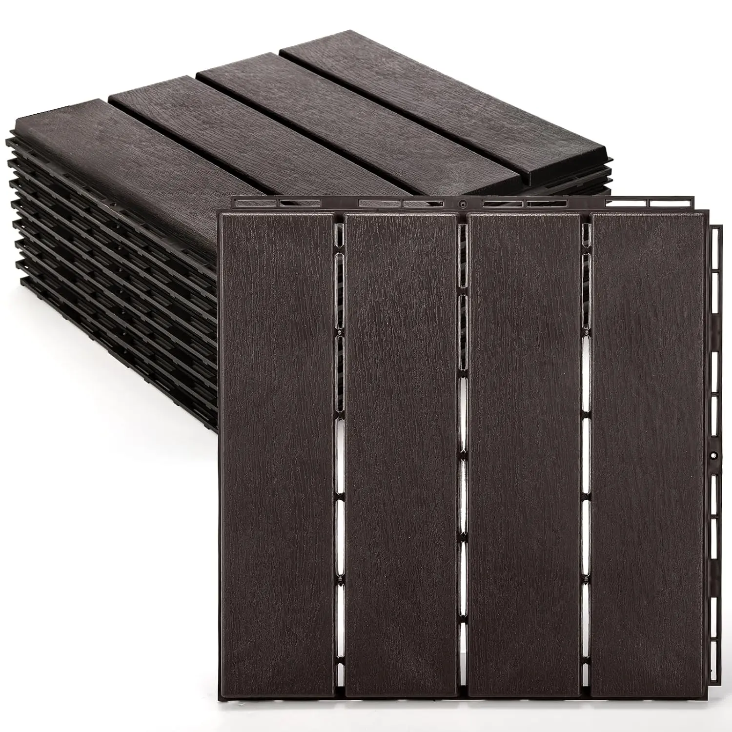 9 Pack Plastic Interlocking Deck Tiles, 12"x12" Waterproof Outdoor Patio Flooring, Four Slat Decking Tiles for Garden, Porch, Poolside, Balcony, Backyard, All-Weather Use (Gray)