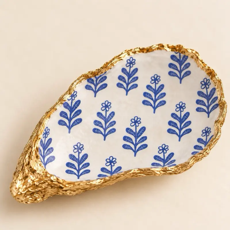 Blue Botanical Oyster Shell Ring Dish, Gold Leaf Jewelry Holder, Coastal Gift