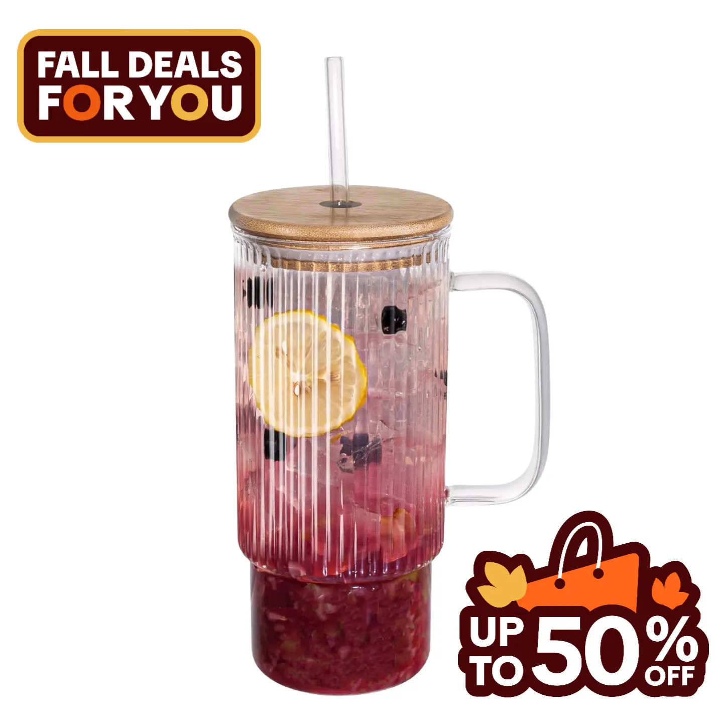 Amzcku 32oz Ribbed Glass Tumbler with Handle & Wooden Lid - Large Iced Coffee Cups with Straws, Modern Glass Mug for Cold & Hot Beverages, Aesthetic T