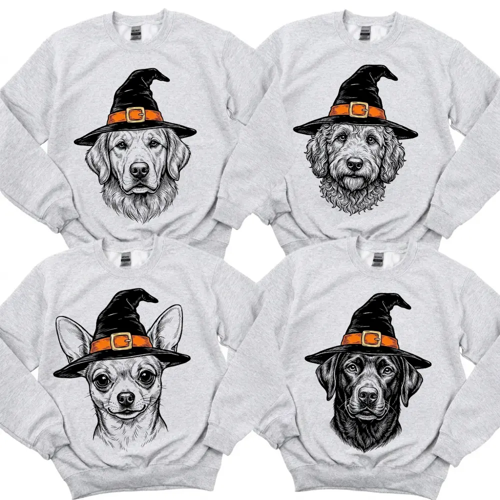 Halloween Dog Sweatshirt, 50+ Dog Breeds Witch Hat Crewneck, Funny Dog Mom Graphic Sweatshirt, Spooky Season Gift