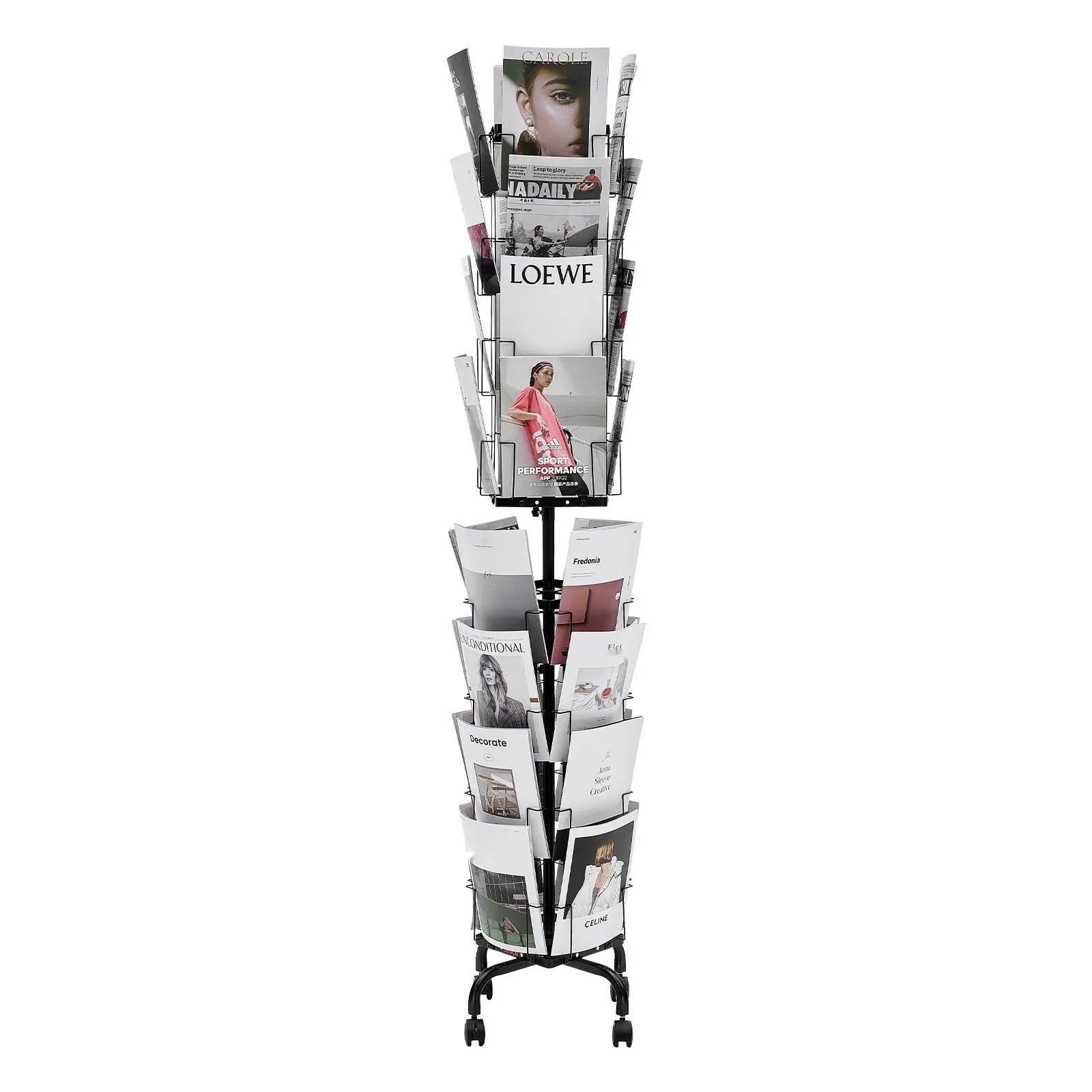 Greeting Cards Display Rack With 32 Pockets - Rotating 360° Card And Brochure Stand, Spinning Display Rack With Sign Holder And Four Wheels (Two Lockable) - Mobile Exhibition, Trade Show, Office, And Retail Card Display