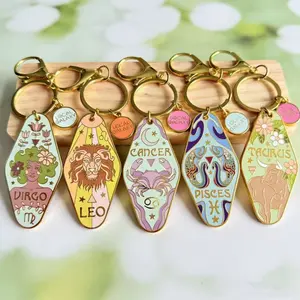 Zodiac Sign Keychain - 70s Motel Bohemian Style Keyring, Retro Y2K Aesthetic Bag Charm, Cute Astrology Gift for Women Girls, Aries Taurus Gemini Cancer Leo Virgo Libra Scorpio Sagittarius Capricorn Aquarius Pendants