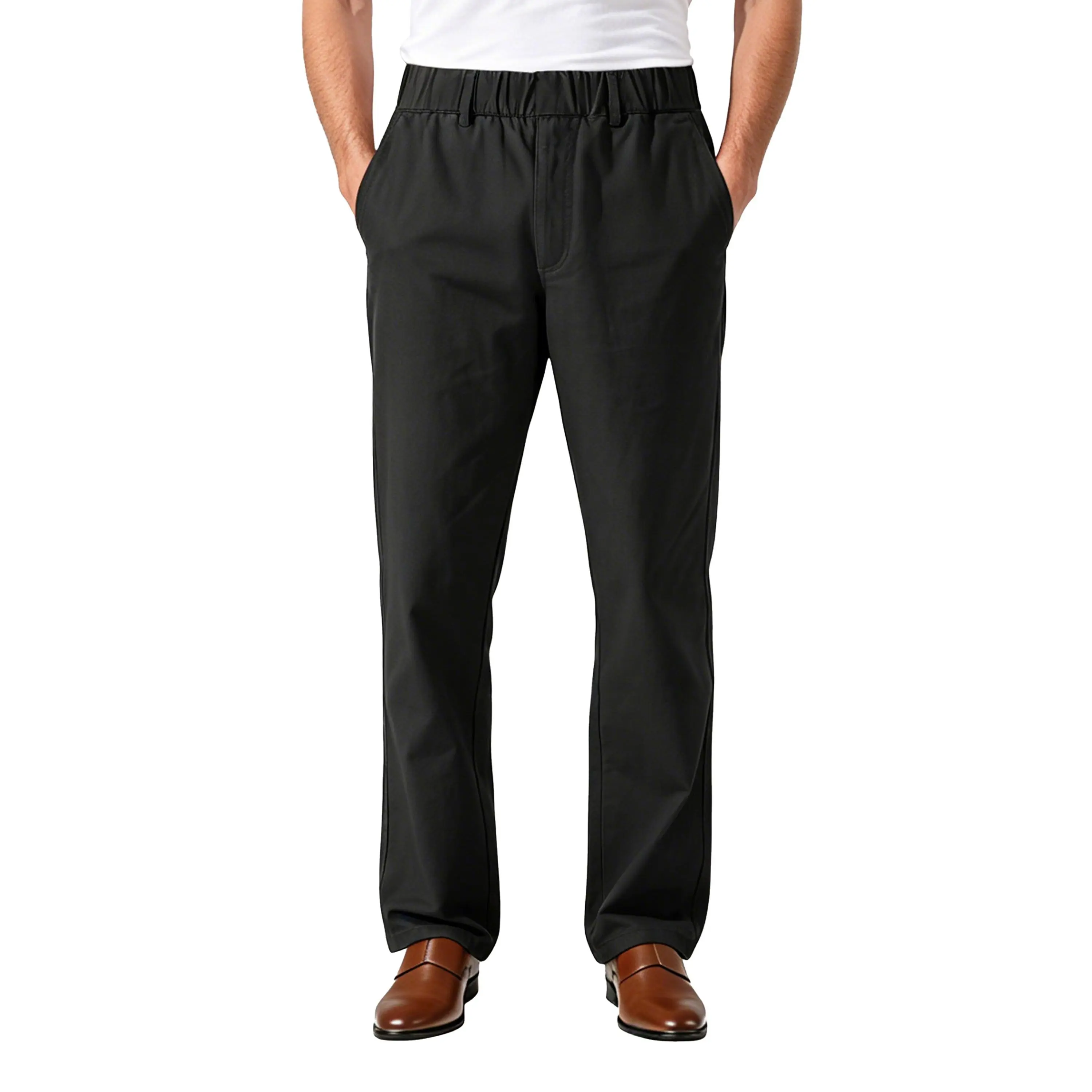 Soojun Men's Relaxed Fit Cotton Twill Pants with Full Elastic Waist,  Non-Stretch & Stretch Options