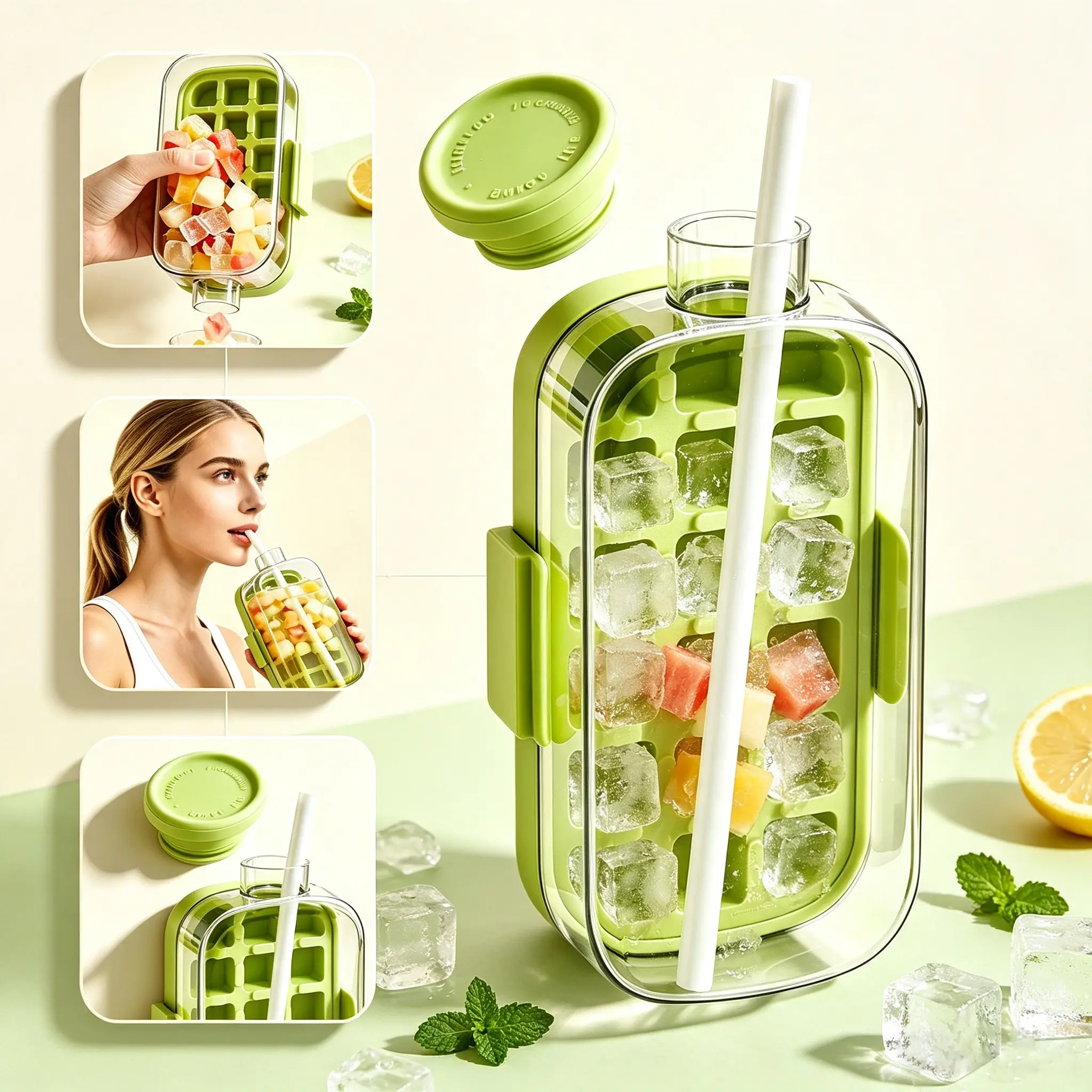 2-in-1 Reusable Eco-Friendly Ice Cube Maker Bottle Tumbler with Lid Sealed Straw, Freezer Safe Adjustable Press-Release Silicone Ice Tray, Portable Cold Drink Cup for Summer Home Camping, Beverage Enthusiasts