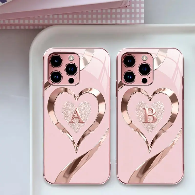 Suitable for [iPhone 14 Pro Max ] Luxury Rose Gold Heart Monogram Phone Case | Personalized A-Z Initial Electroplated Glossy Glass Protective Cover | Shockproof Drop Protection, Anti-Scratch & Anti-Fingerprint | Cute Gift for Her -JS996