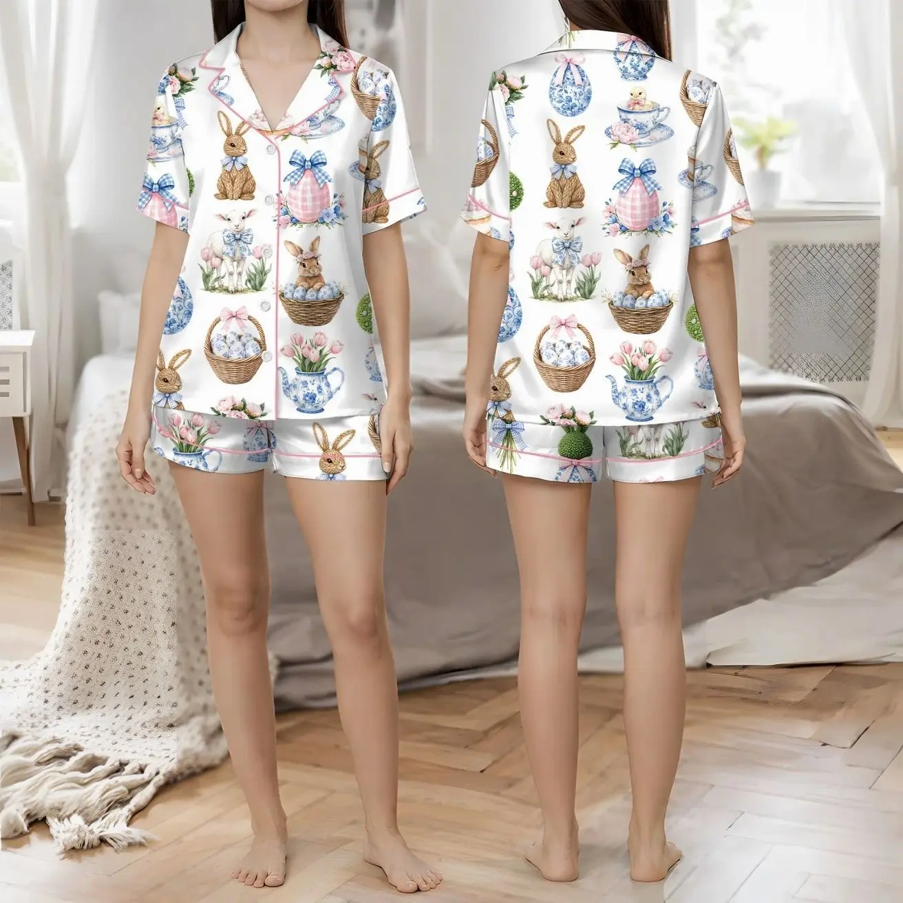 Women's Coquette Easter Bunny Short Sleeve Satin Pajama Set, Chinoiserie Easter Sleepwear