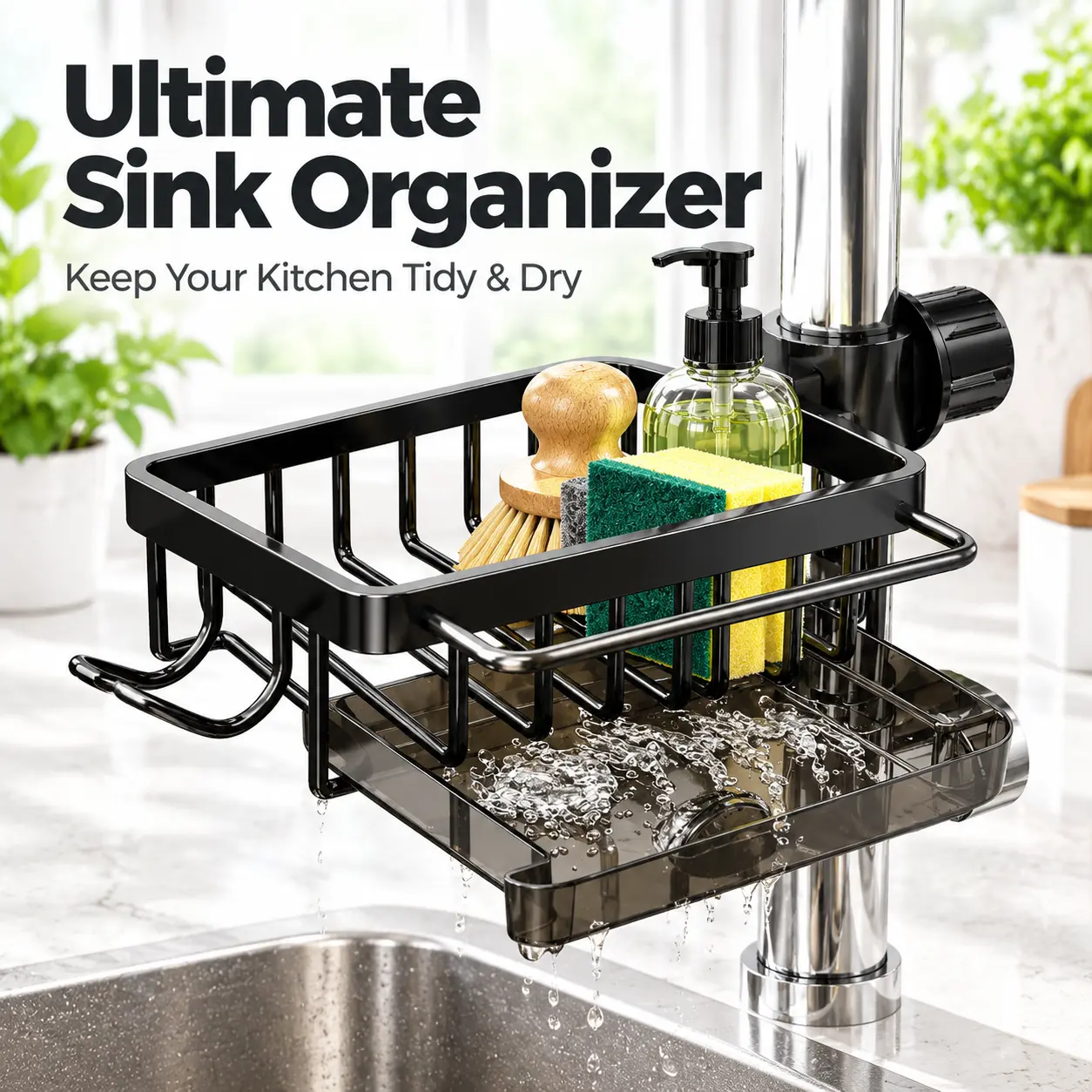 KINDOO Sink Organizer Rack,Hanging Faucet Drain Rack with Drip Tray Stainless Steel Detachable Sink Faucet Sponge Holder Over Faucet for Kitchen and Bathroom,Scrubbers, Soap,Brush
