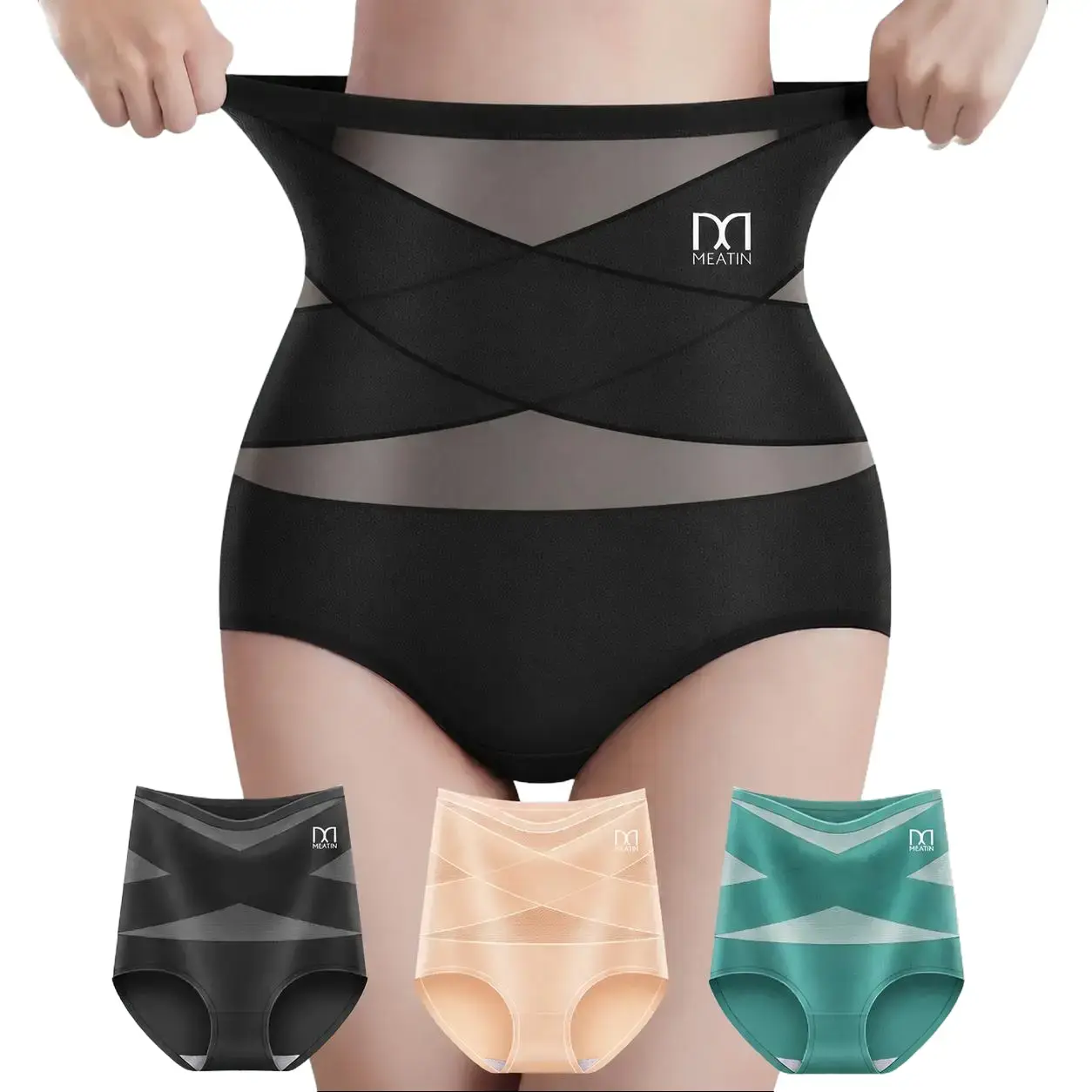 DEIRAH Women’s 3-Piece High Waisted Tummy Control Shapewear Panties Set, Seamless Sexy Shaping Briefs with Cross Waistband, Mesh Panel, Soft Stretchy Breathable Underwear for Daily Wear & Postpartum Comfort