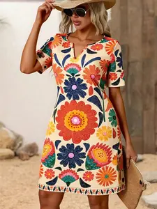 Women's Holiday Casual Chic Fashion Solid Color V-Neck Mini Dress, Comfortable and Stylish Design, Perfect for Summer Leisure Wear B5067