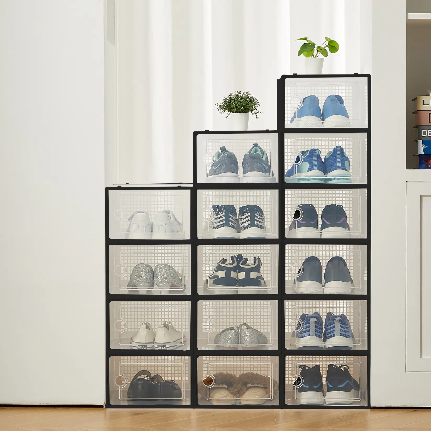 15 Pack Clear Stackable Shoe Storage Boxes, Foldable Plastic Shoe Organiser with Drawer, Ventilated Transparent Shoe Boxes for Closet, Bedroom, Under Bed Storage