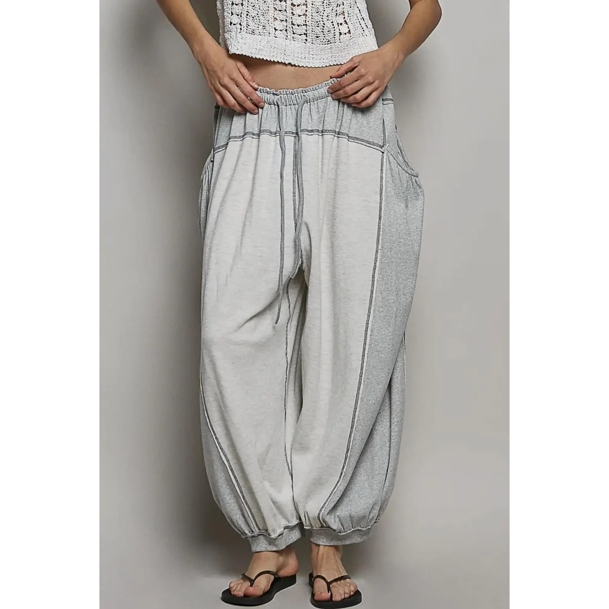 Overlock Stitch Solid Thermal Double Gauze Rib Mix Pants