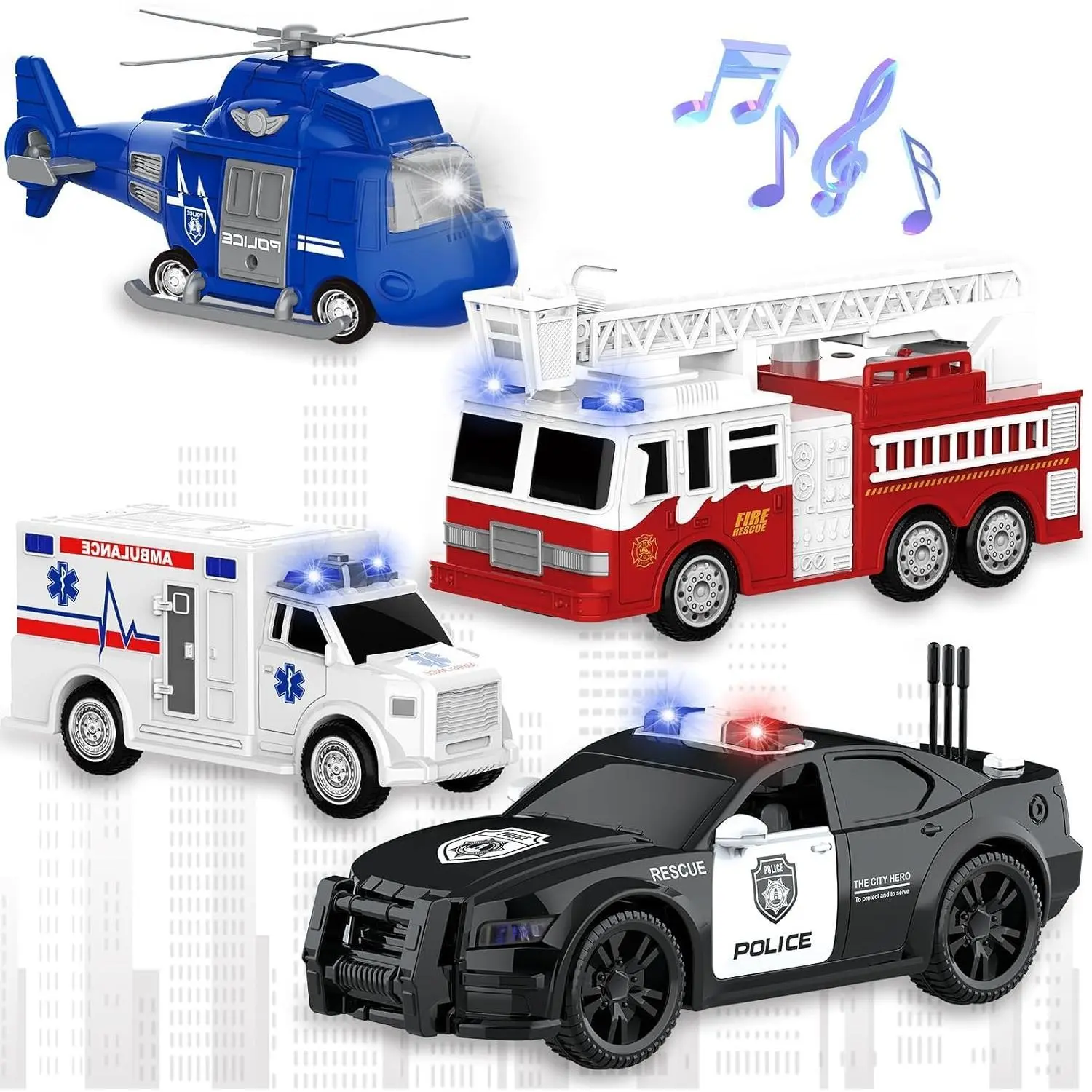 4-Pack Kids Remote Control Vehicle Set - Fire Engine Toys, Ambulances, Police Cars, Helicopters, RC Trucks, RC Cars, Cars Kids