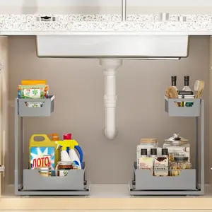 Under Sink Organizer 2 Pack, 2 Tier Slide Out Large Capacity Height Adjustable Under Sink Organizers and Storage for Kitchen Bathroom Cabinet, Grey