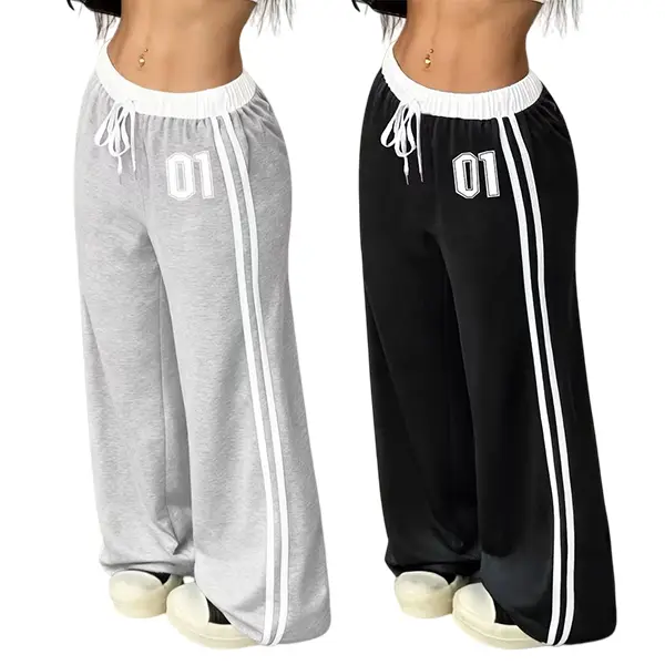 Women’s 2-pack lightweight joggers for spring/summer, featuring digital print, belted patchwork design, casual street style with a retro vibe, loose fit, Y2K style