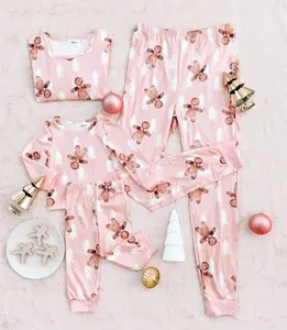 Gingerbread Man Christmas Matching Pajamas for Mommy and Me - Fitted Long-Sleeved Crew Neck Pjs in Pink with Elastic Waistband - Comfy Women's Christmas Bottoms