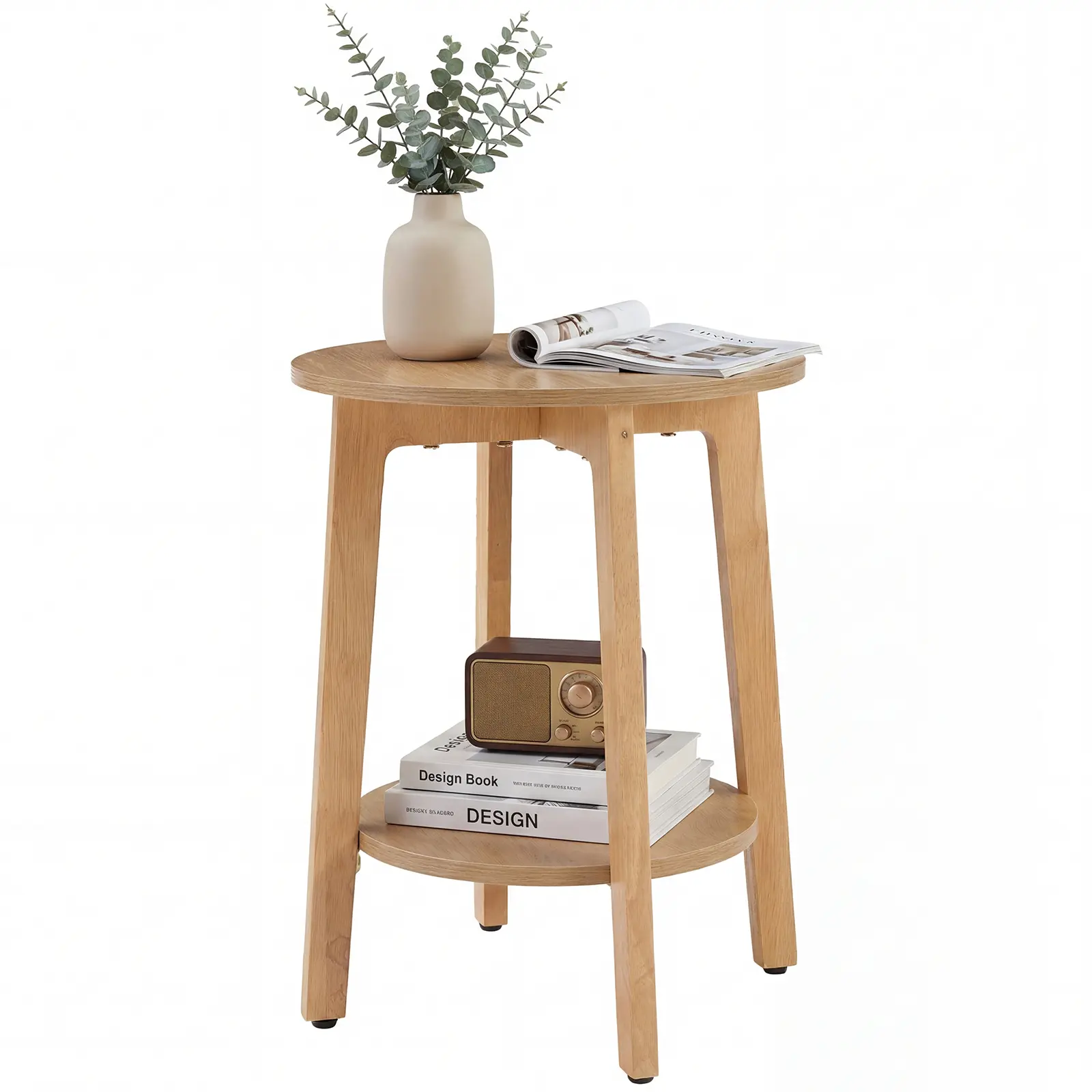 2-Pack Modern Small Round End Table, 15.75" Diameter x 20.28" Height, Natural Wood Finish Nightstand with Tapered Legs & Curved Transitions, for Small Spaces Living Room Bedroom