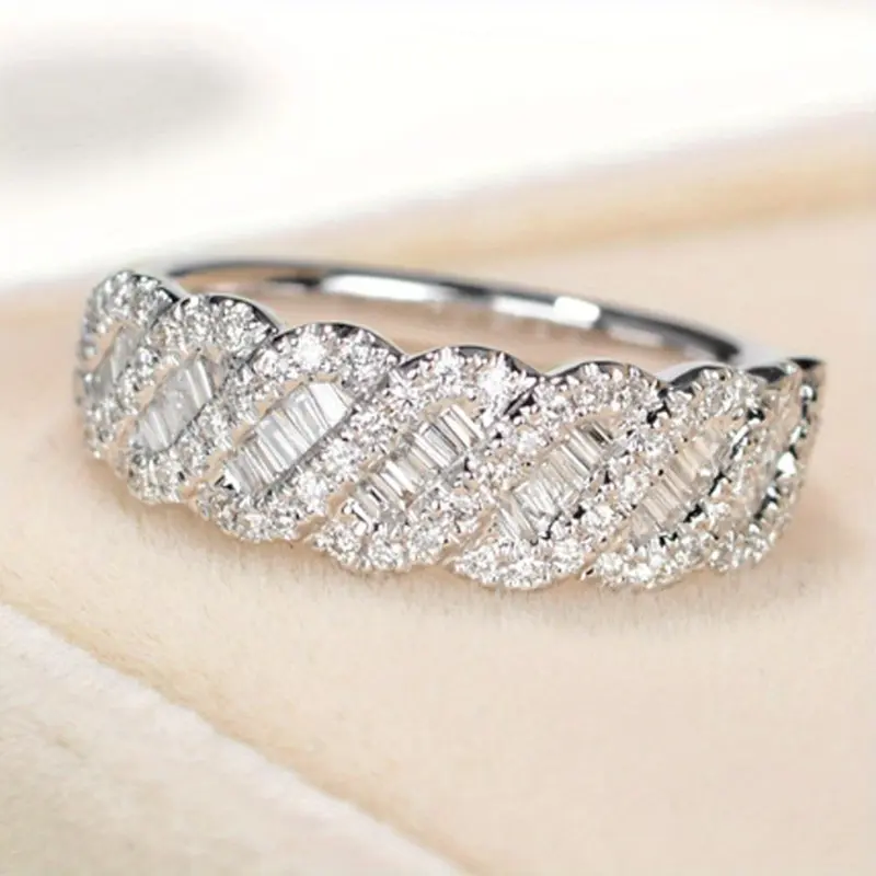 Women's Elegant Bridal CZ Promise Artificial Crystal Statement Ring - Sparkling Zircon Inlay, Wide Twist Channel Band, Copper Base, Birthstone, Sizes 6-10, Costume Jewelry, Wedding Gift for Women, Artificial Crystal Ring