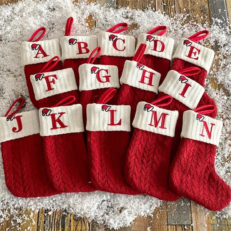 Knitted Lettered Polyester Christmas Socks, 1-Piece 25x15cm Hand-Measured Snowflake Stocking, 2024-2025 Home Decoration, Xmas Tree Ornament Gift for All Ages (As Picture)