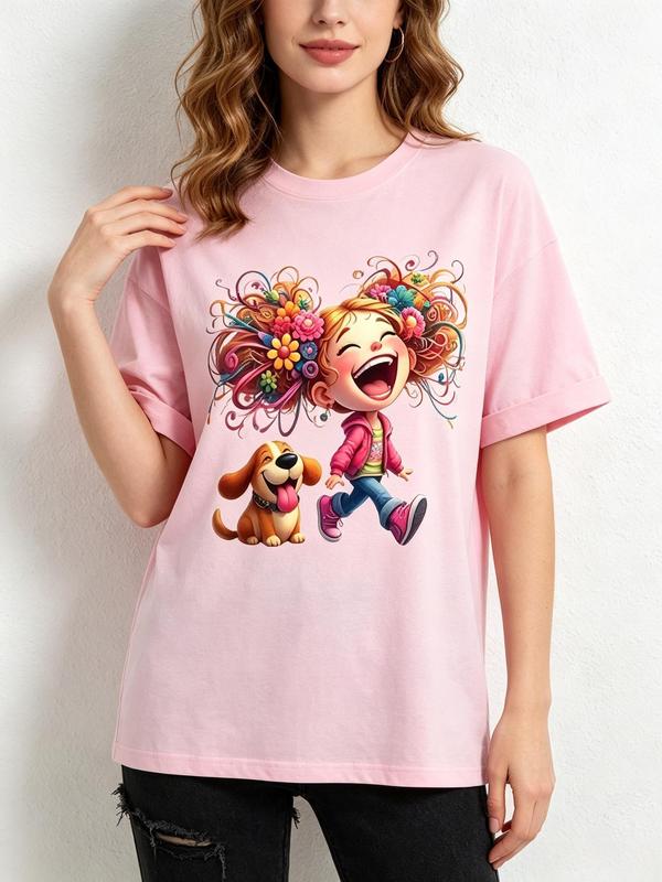 Sohochic Women's Pure Cotton Crew Neck Short Sleeve Fitted Tee - Lightweight, Comfortable Graphic Top with Happy Flower Hair Girl Walking Dog Cartoon Print for Beach Casual Summer Wear