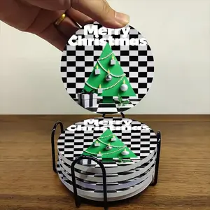 6-piece ceramic coaster set, pattern theme - black and white checkered background with Christmas tree and gifts, heat-resistant and non-slip coasters with holders, home dining table decorations, beverage mats.
