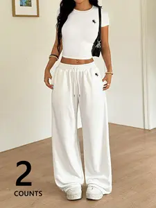 Two-Piece Set Women's Solid Crop Tee & Wide Leg Pants, Casual Fashion Cozy Breathable Outfits for Daily Outdoor Wear, Women Clothes for Spring Fall, Suits, Womenswear