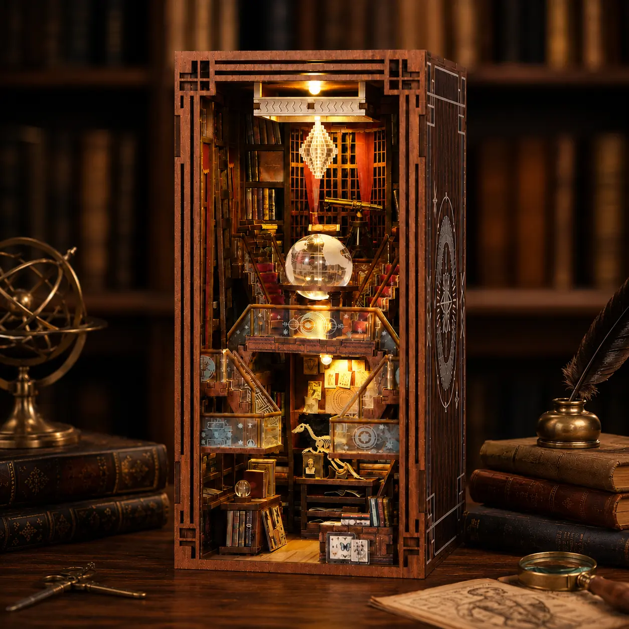 MiniCity Beyond Library Book Nook Kit, DIY Miniature Dollhouse Bookshelf Insert, 3D Wooden Puzzle with LED Light and Dust Cover, Fantasy Library Bookshelf Decor Craft Gift