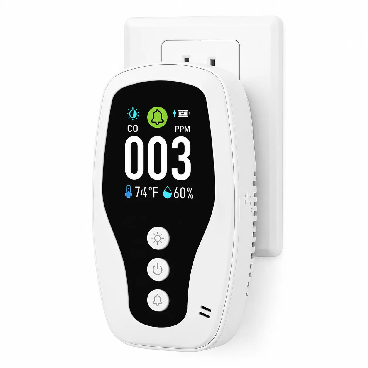 Protmex Plug-in Car-bon Mo-nox-ide Detector, 3-in-1 C/O Monitor with Temperature & Humidity Detection, Dual Power Supply, Flame-Retardant Shell, Audible Alert for Home, RV, Bedroom, Office