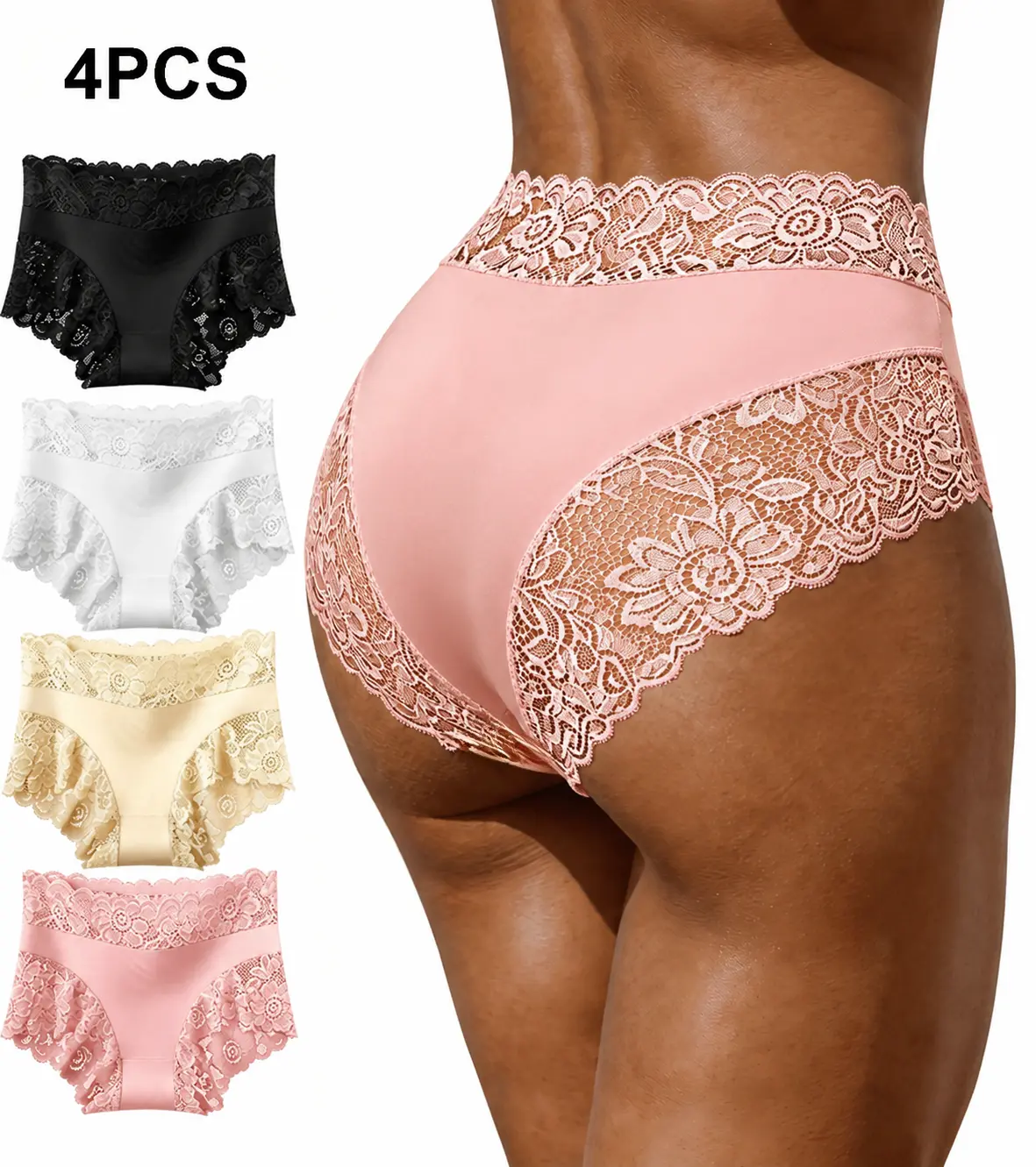 Women's 4PCS Wirarpa High-Waist Cotton Briefs - Soft Stretch, Breathable Lace, Painless Fit, Tummy Control, Anti-Roll Edge, Solid/Multi-Color Elastane Everyday Underwear fashion panty innerwear lady panty safety high-waisted