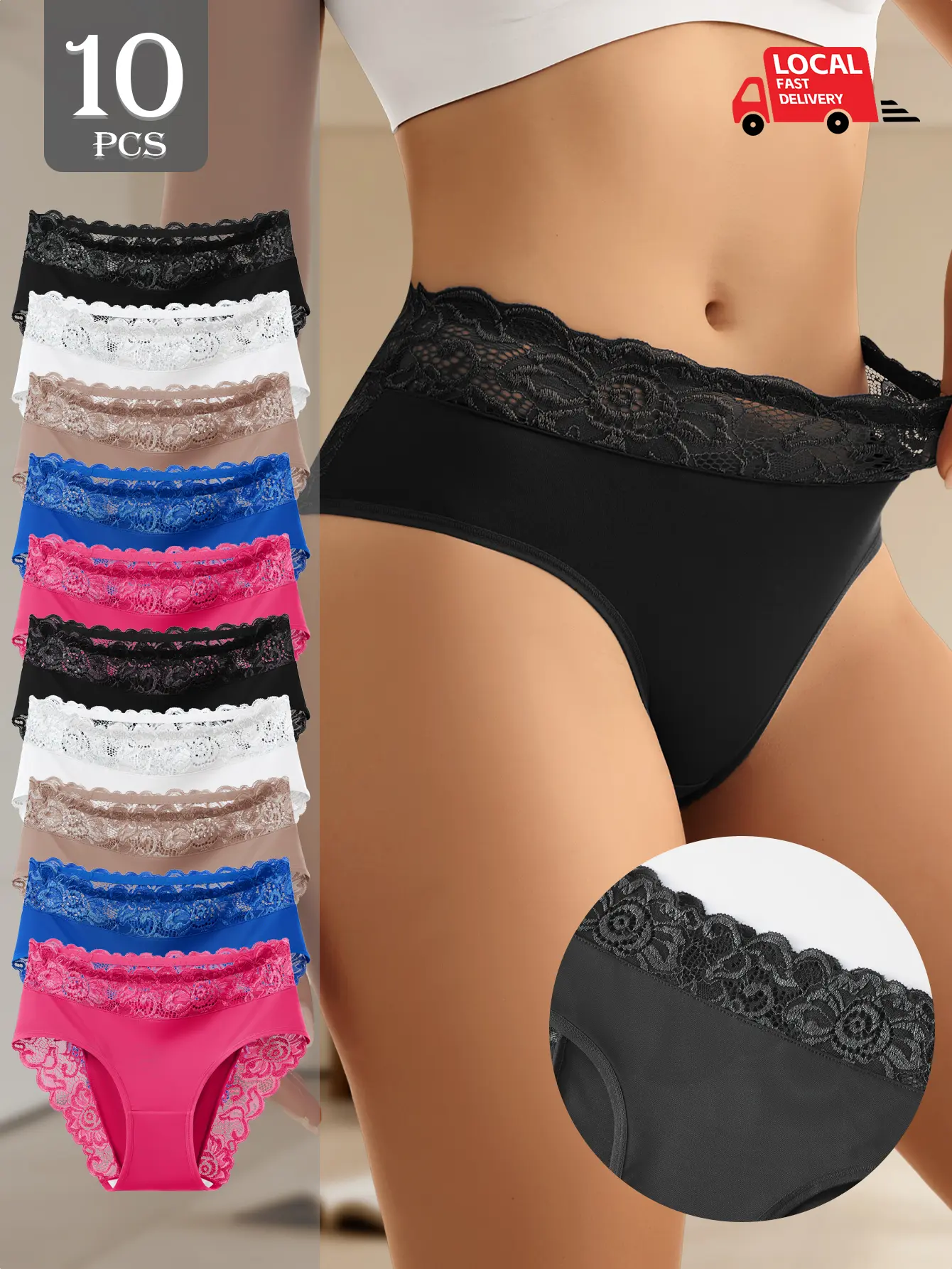 Women's 10-Piece Mixed Color Bulk Packaged Briefs Set - Mid-Waist Lace-Edge, Seamless Elastic Hip-Lifting, Anti-Roll Edge, Minimalist Elegant, Smooth Breathable Soft Fabric, Basics for Girls, Sexy Coffee-Tone Options, Day/Gym Essential, Style 1331