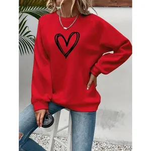 Women's autumn and winter loose casual comfortable heart-shaped printed velvet long sleeved round neck hoodie pullover