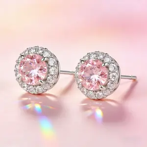 Silver Plated 1ct Round Cut Pink Zircon Stud Earrings, Diamond-Cut Center with White Zircon Halo, 8mm Hypoallergenic Unisex Jewelry, Symbol of Love Perfect for Daily Wear,Clean girl jewelry