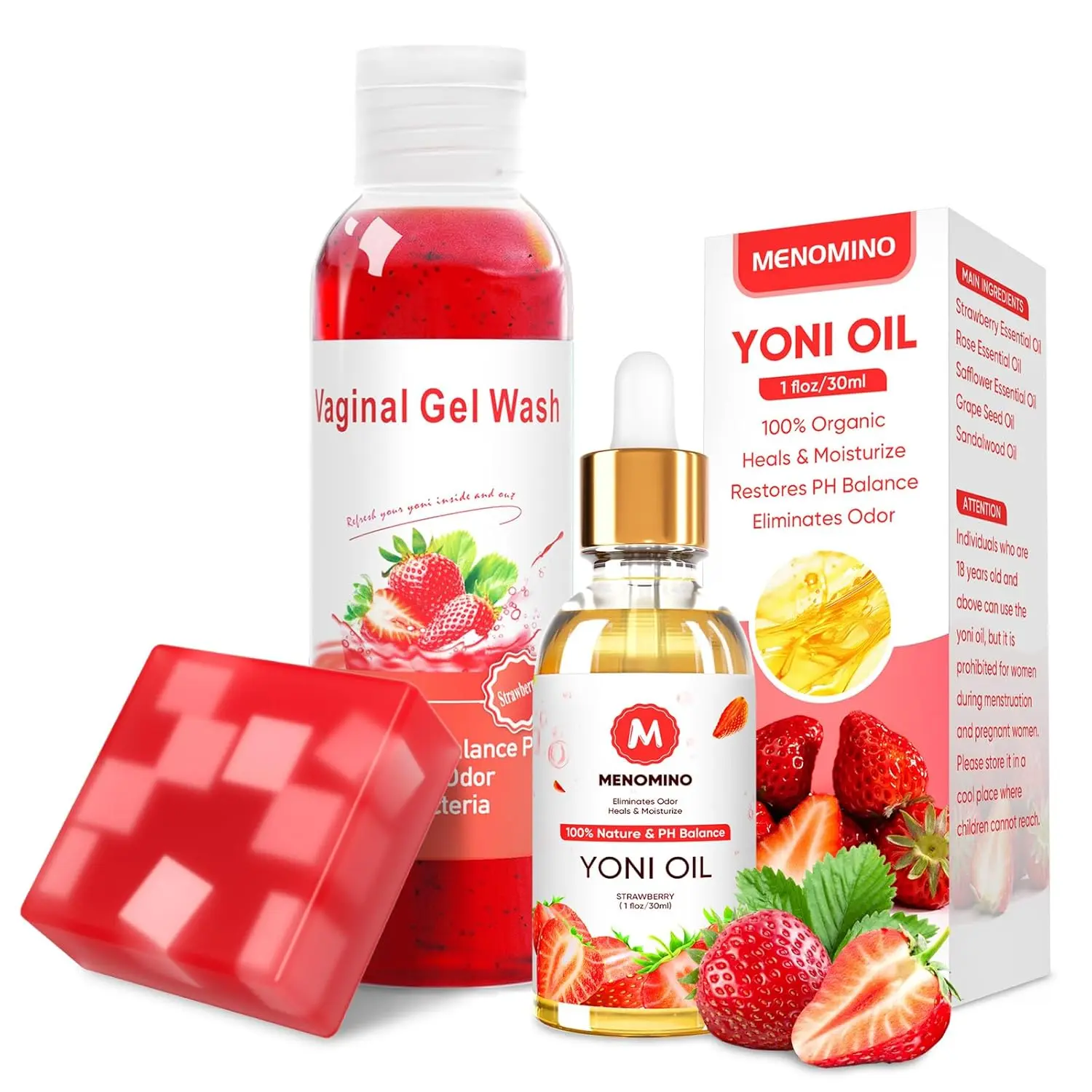 Feminine Wash & Yoni Soap Bar & Yoni Oil for Women pH Balance, Strawberry | Yoni Wash for Vaginal Moisturizing Remove Odor, 5.07 Fl.Oz Intimate Wash 1 Fl.Oz Organic Feminine Oil & 3.53oz Yoni Bar