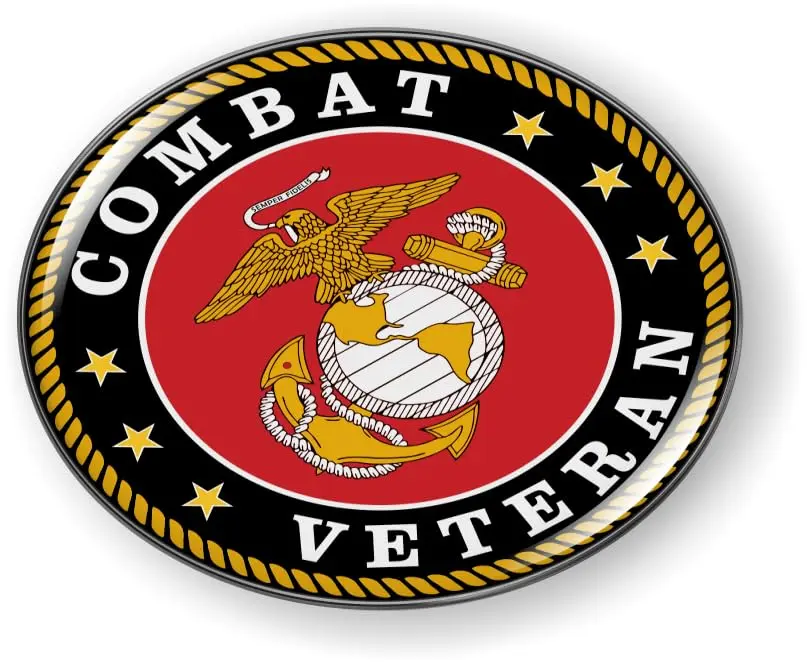 [Officially Licensed USMC Product] - U.S. Marine Corps Combat Veteran 3D Appearance Domed Resin Chrome Metal Round Car Emblem Badge Sticker, Patriotic Automotive Outdoor Accessory for Flasks, Urns