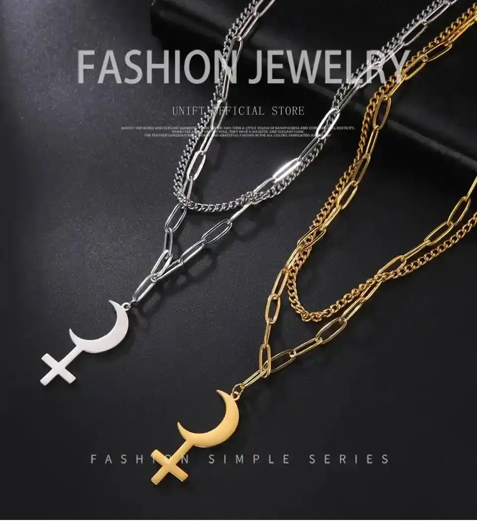 Black Moon Lilith Pendant Necklace, Spiritual Jewelry, Fashion Jewelry, Double-Layer Chain, Leather Design, Point Defined by Absence Costume Accessory