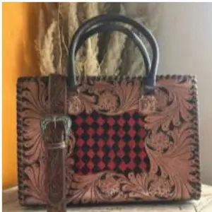 Checkered Tooled Leather Tote Bag, Stylish Everyday Carry Bag for Women