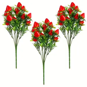 3pcs Artificial Strawberry Bouquet with Lush Green Foliage, Classic Home Decor Floral Arrangement, Vibrant Red Realistic Plastic Berries, Lifelike Fruit Decor for Home, Thanksgiving Centerpieces, Indoor Table Decorations, Durable Maintenance-Free Elegant