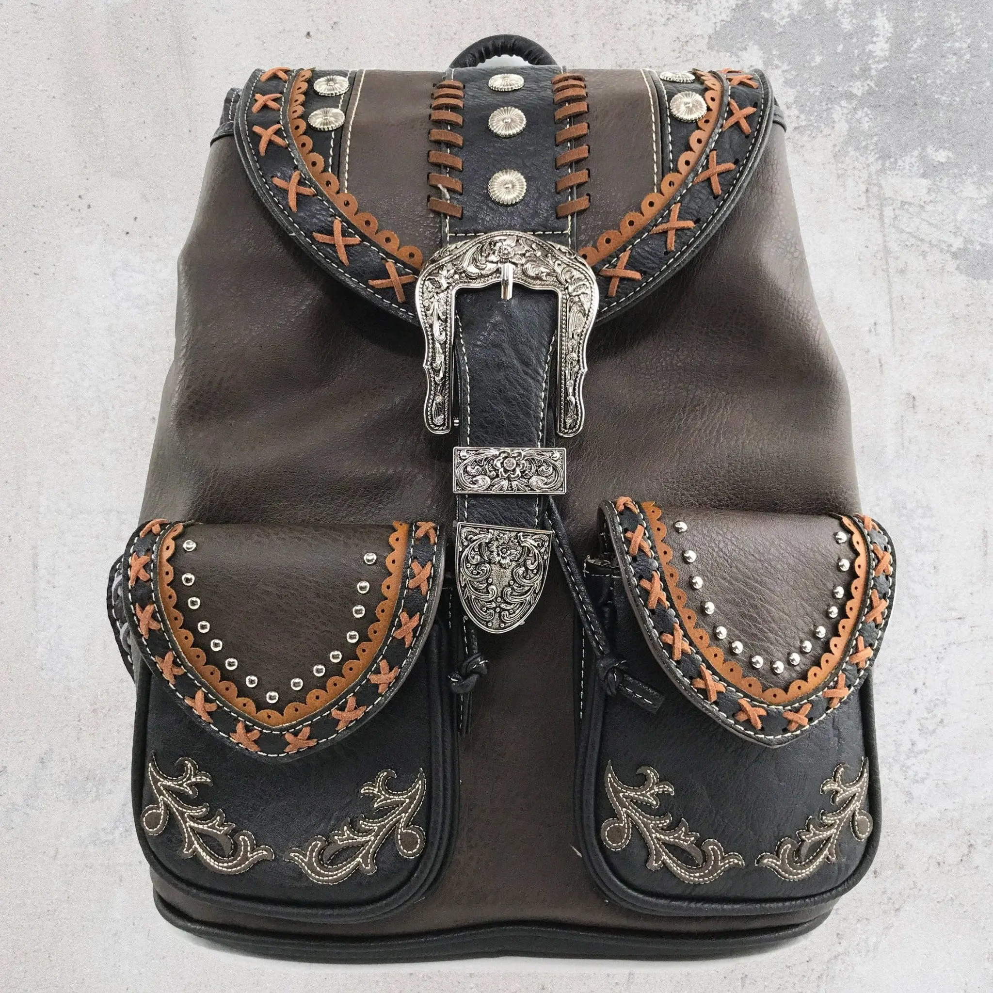 Western Leather Buckle Backpack: Brown